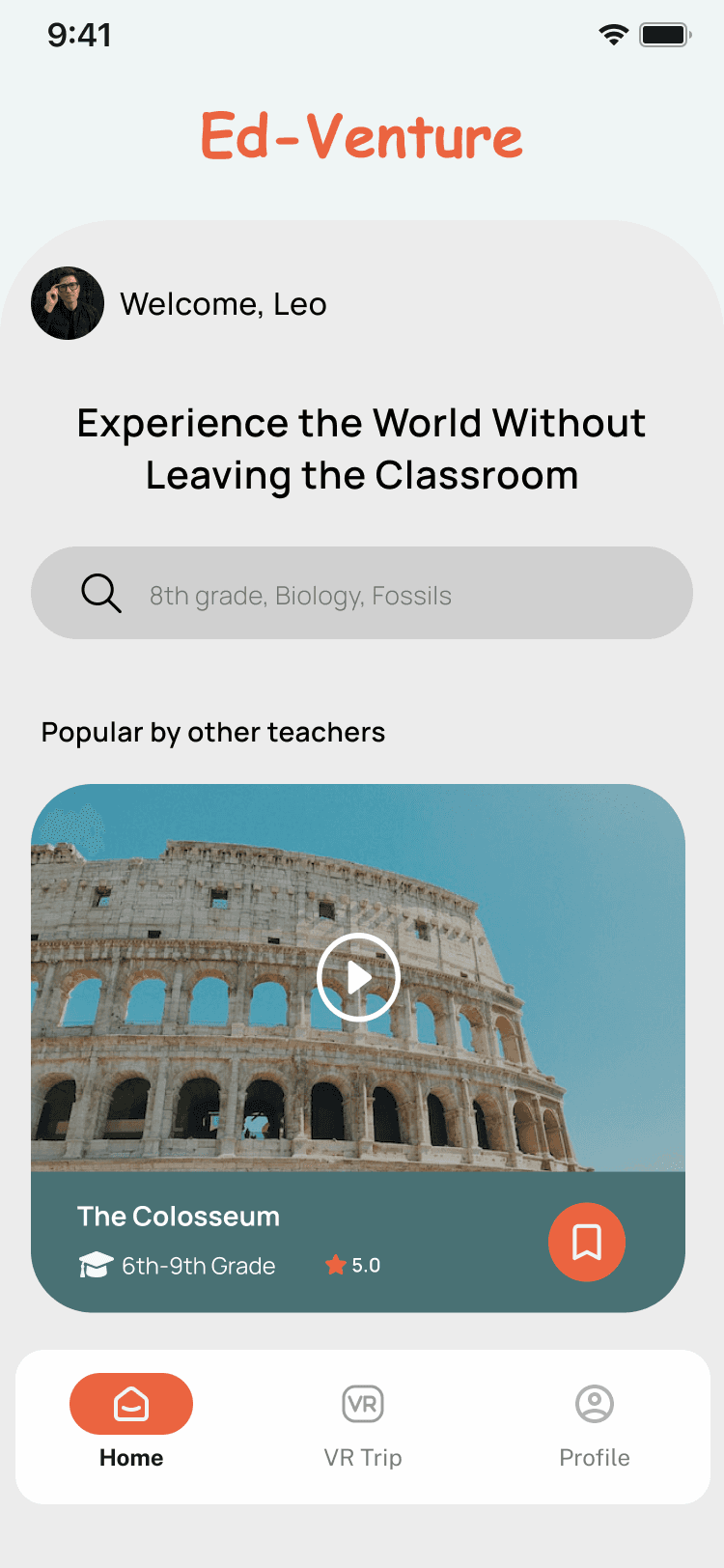 Home screen with VR field trip categories and featured experiences