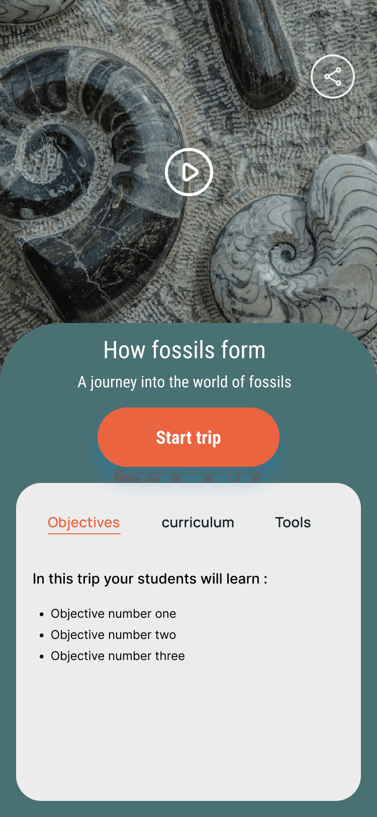 VR trip preview screen showing learning objectives