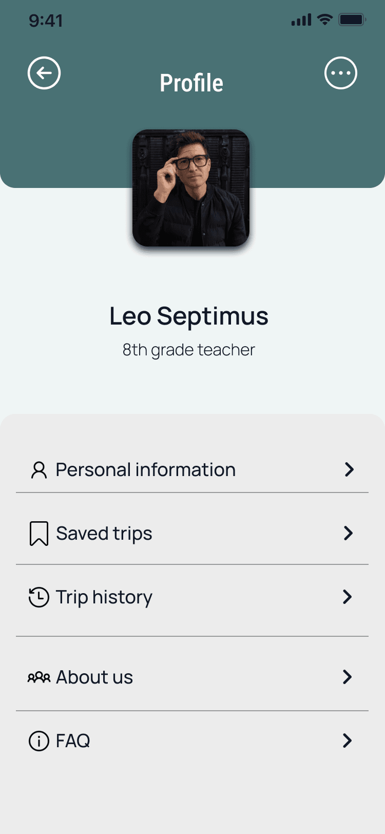 Teacher profile screen with saved trips and class history