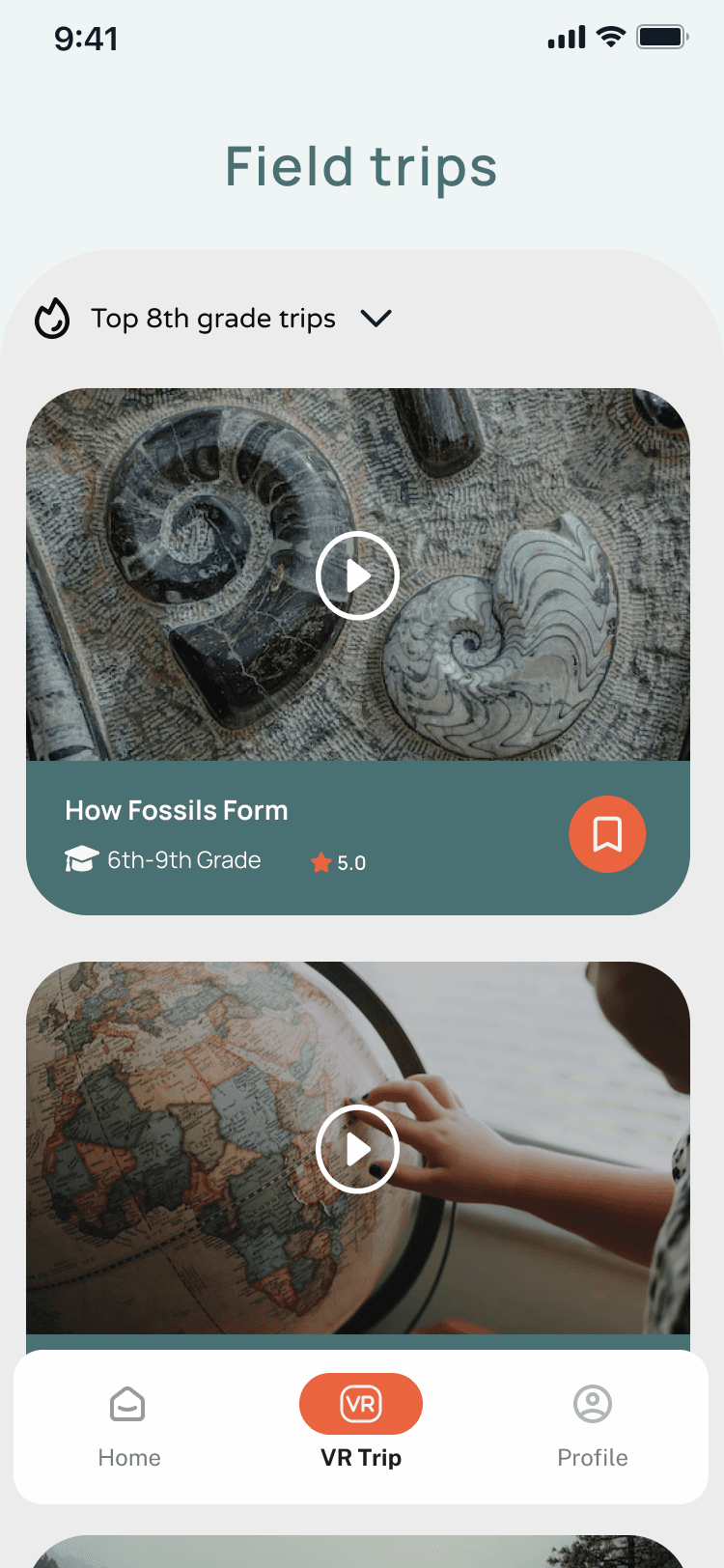VR Trips browsing screen with search and filter options