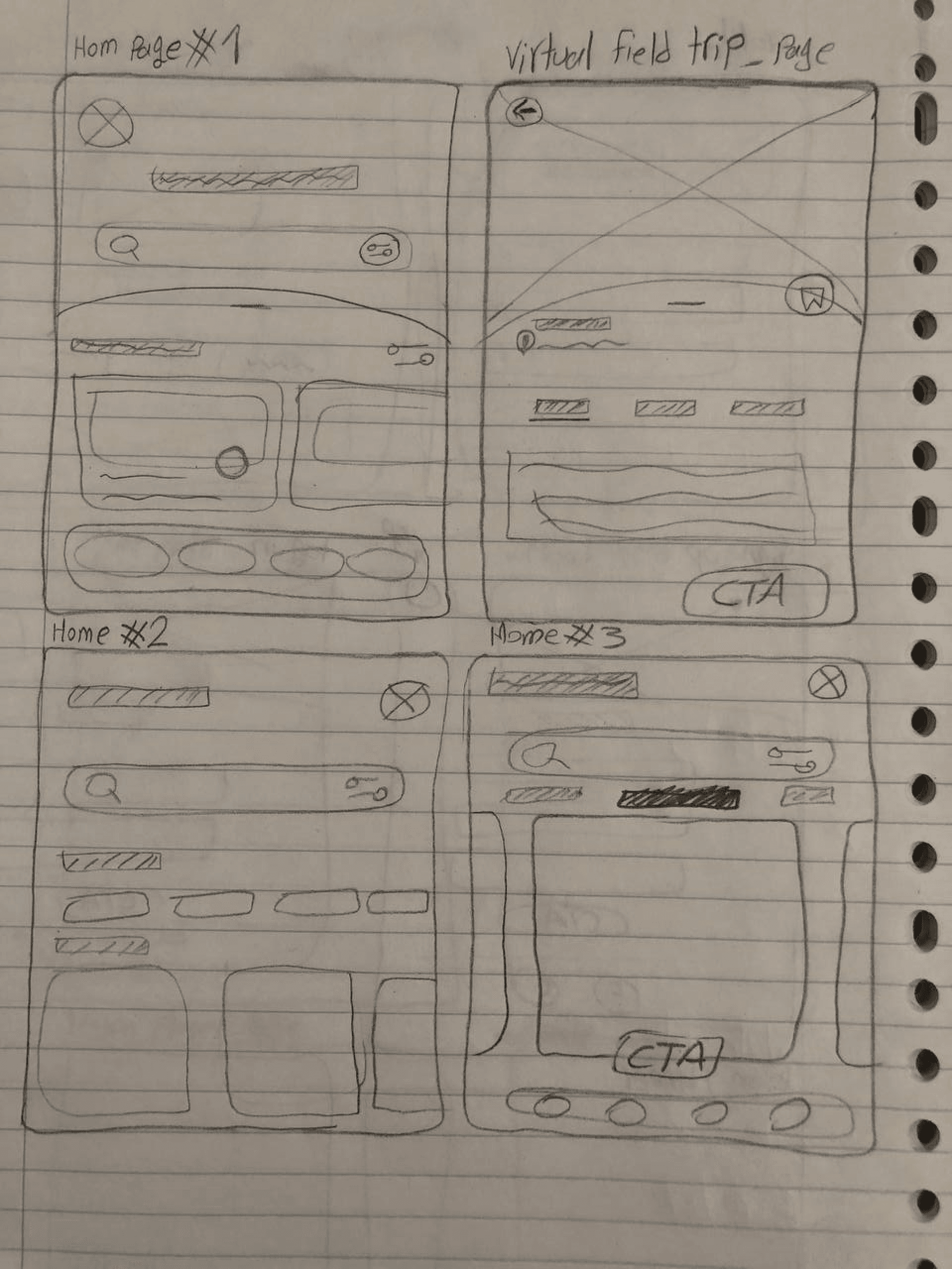 Low-fidelity wireframes showing initial layout explorations for Ed-Venture screens