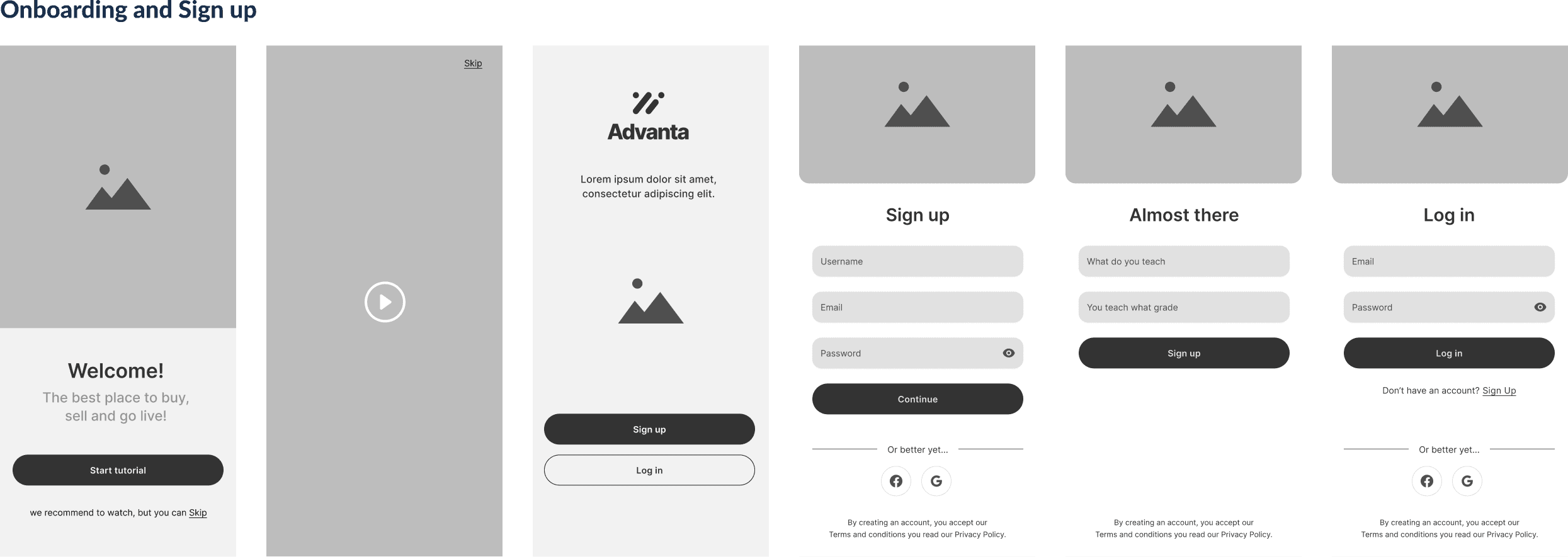Mid-fidelity wireframes for onboarding and sign-up flow