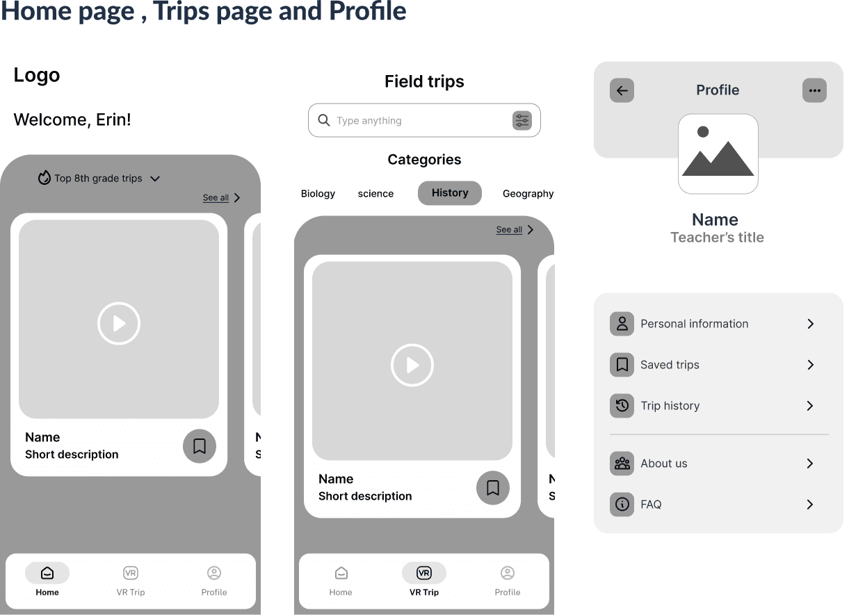 Mid-fidelity wireframes for Home, Trips, and Profile pages