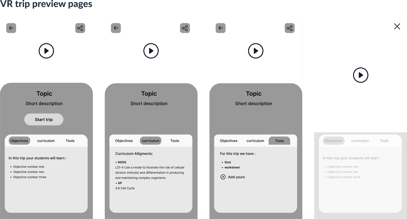 Mid-fidelity wireframes for VR trip preview pages showing objectives, curriculum, and tools