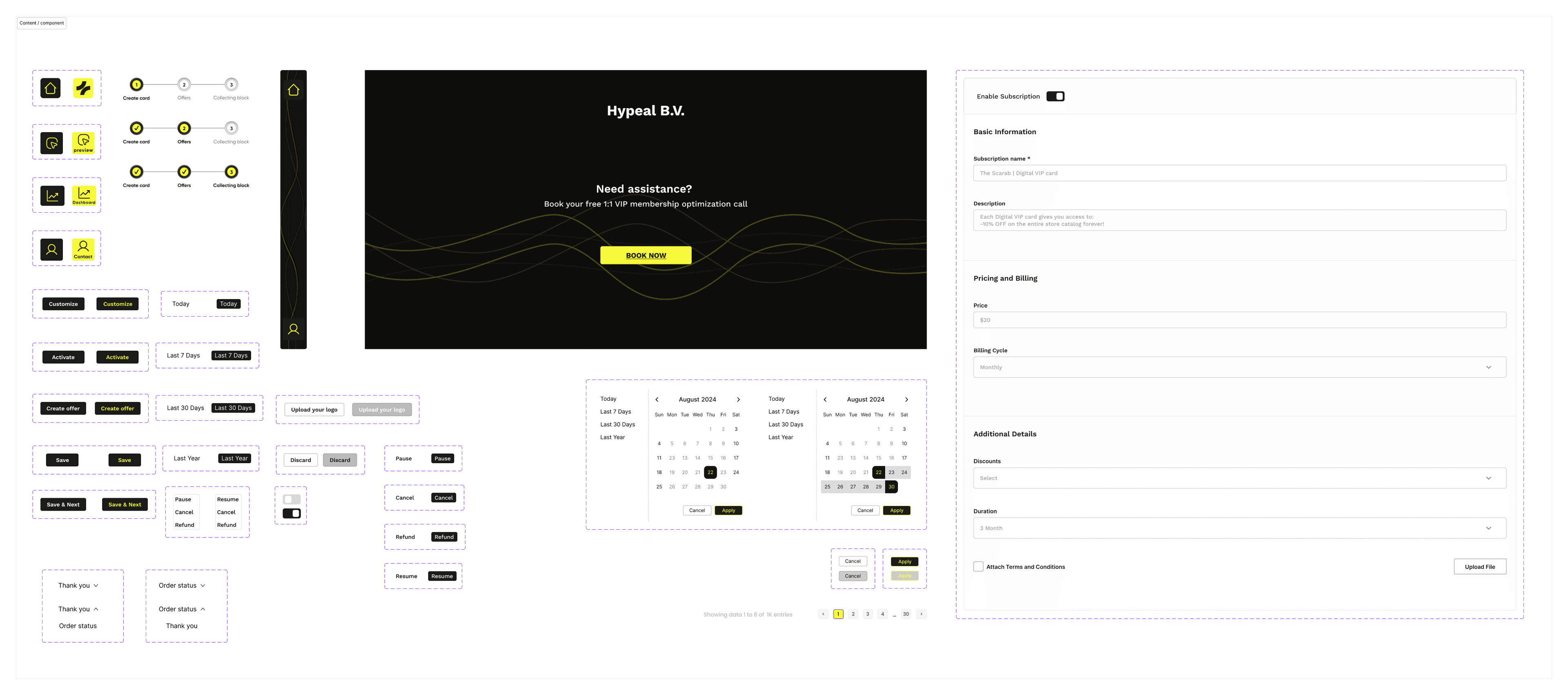 Hypeal component library — buttons, steppers, date pickers, forms, toggles, and navigation