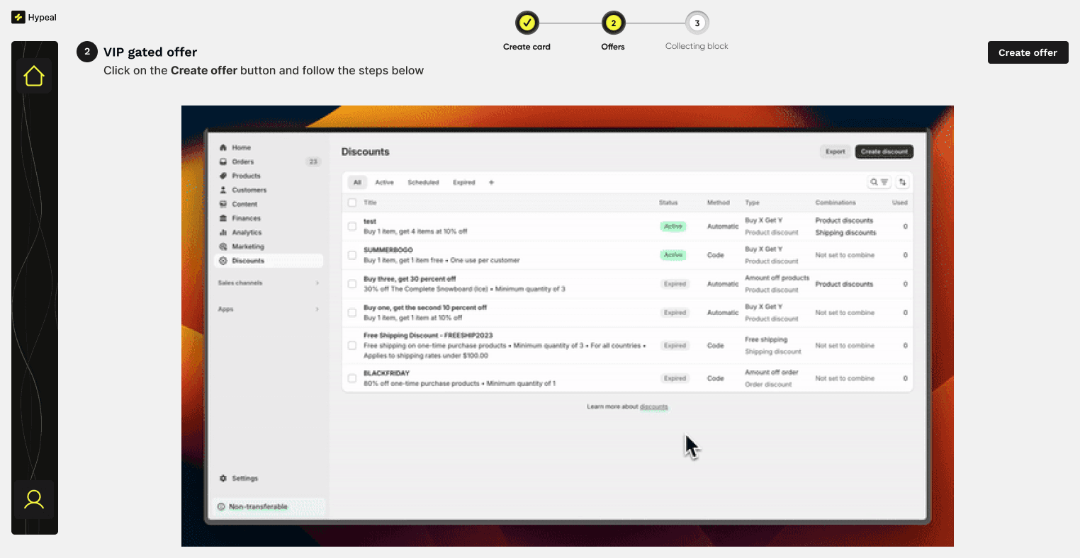 VIP gated offer setup — tutorial guiding merchants through Shopify's Discounts panel