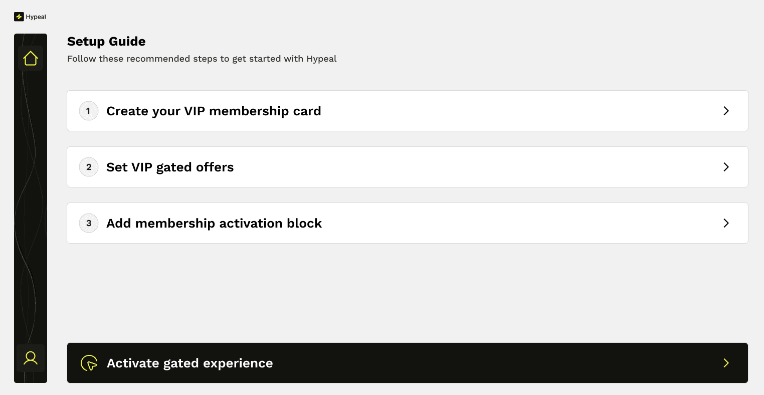 Hypeal setup guide — 3 numbered steps before completion