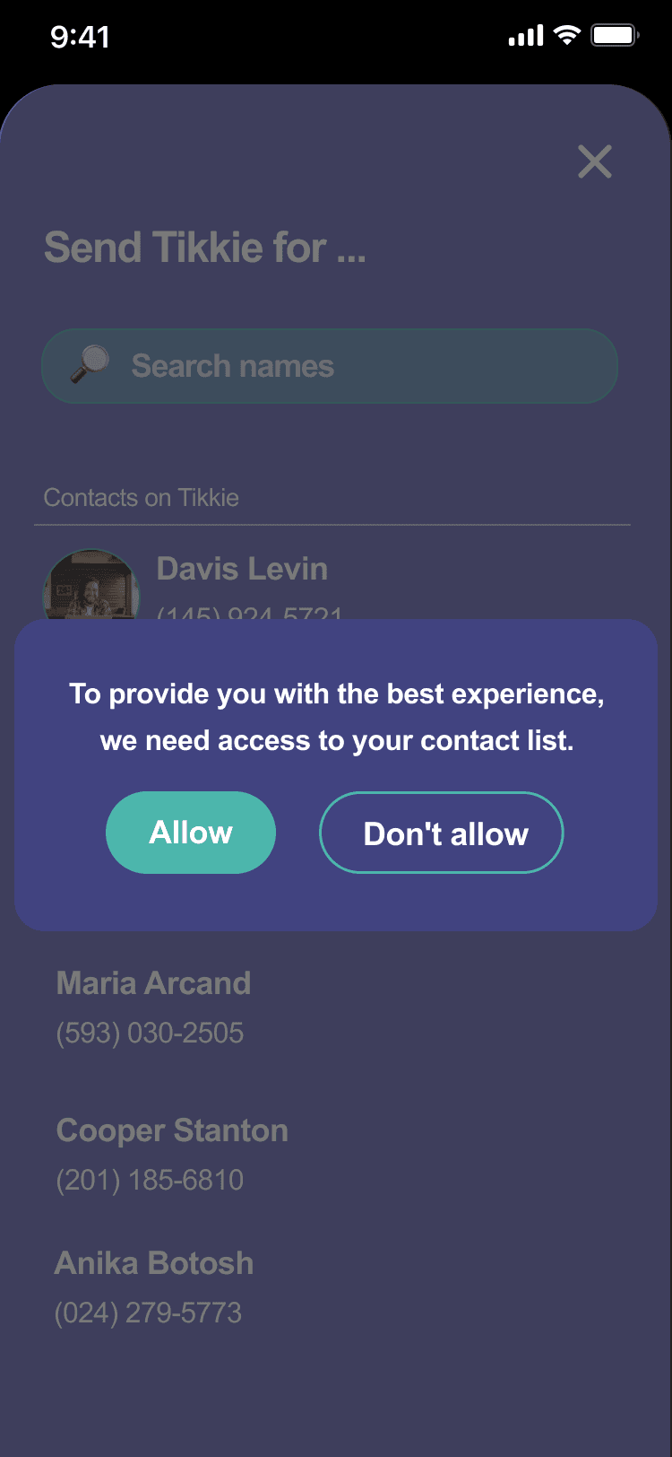 Send Tikkie for screen — contact list with Davis Levin, Hanna Aminoff, Maria Arcand and others
