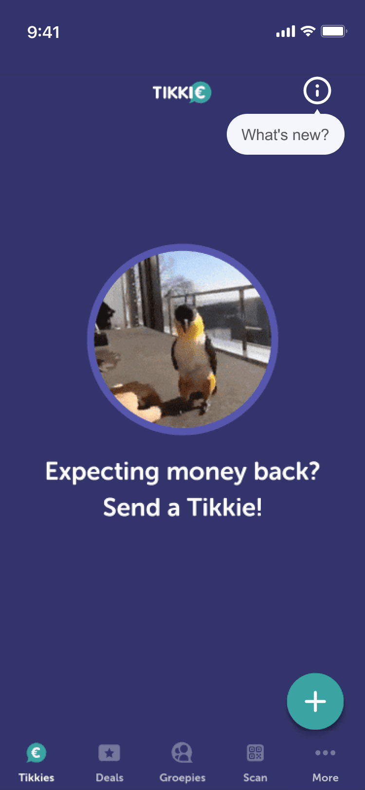 Before — original Tikkie home screen with small What's new? button that most users missed