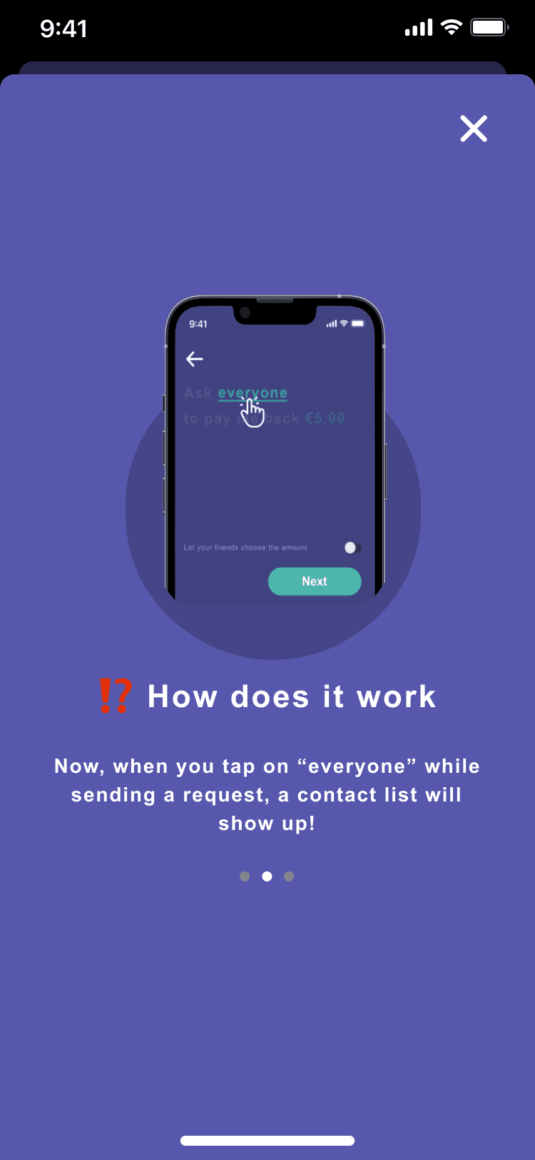 Onboarding screen — How does it work: tap on everyone while sending a request to see your contact list