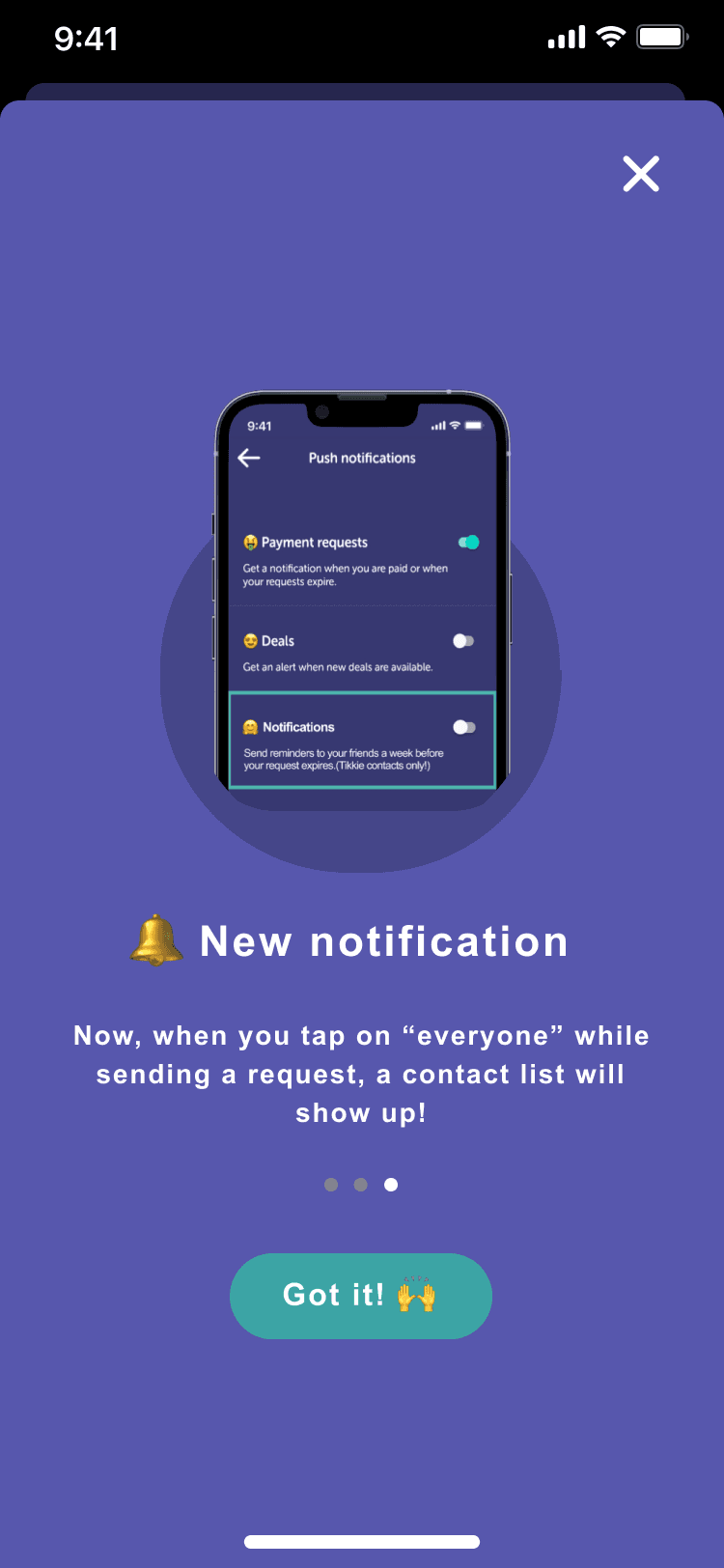 Onboarding screen — New notification: push notification settings for payment reminders