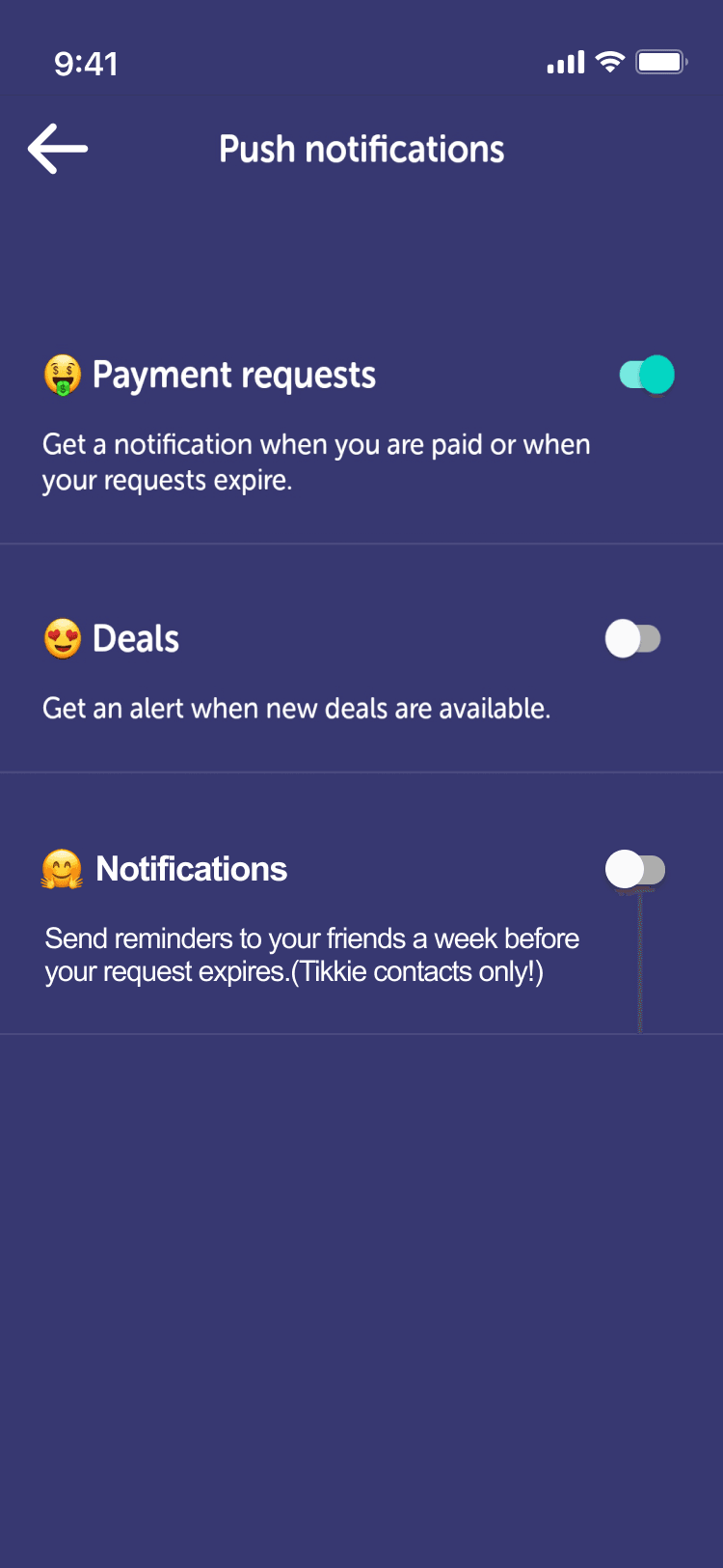 Push notifications settings — Payment requests, Deals, and Notifications toggles with reminder frequency options