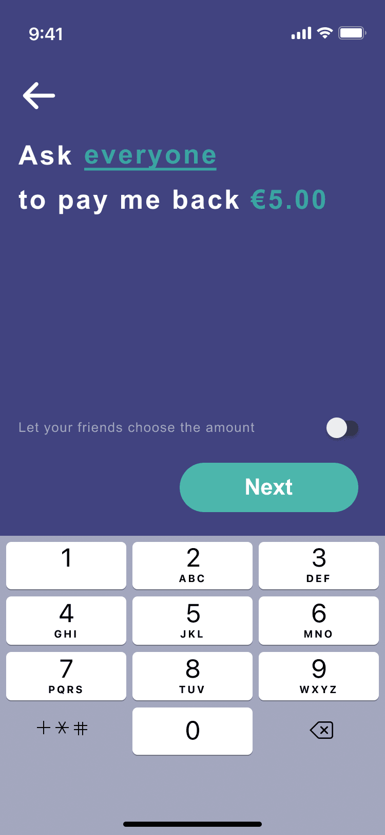 Payment request screen — Ask everyone to pay me back €5.00 with number pad