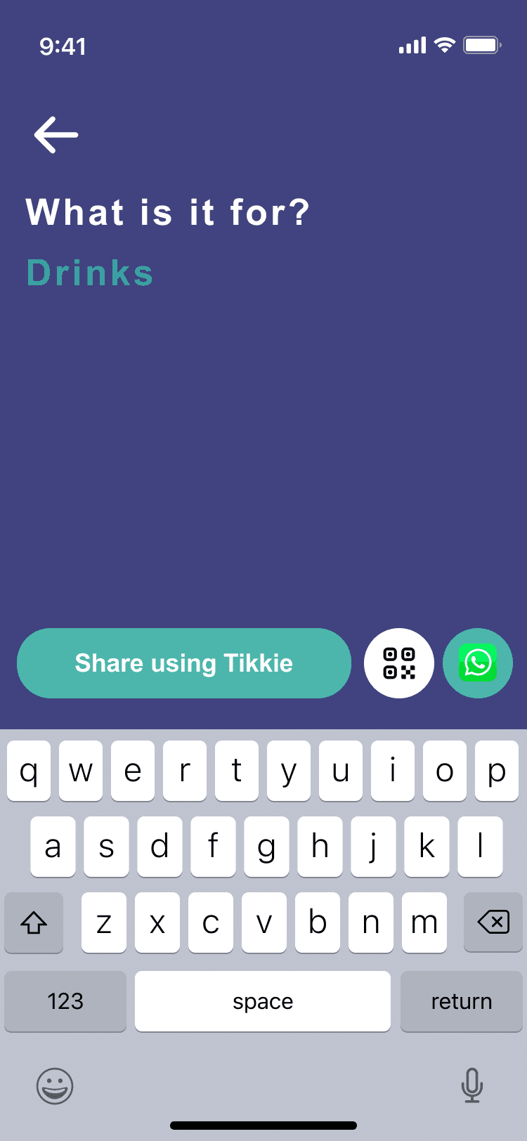 What is it for? screen — Drinks label with Share using Tikkie button