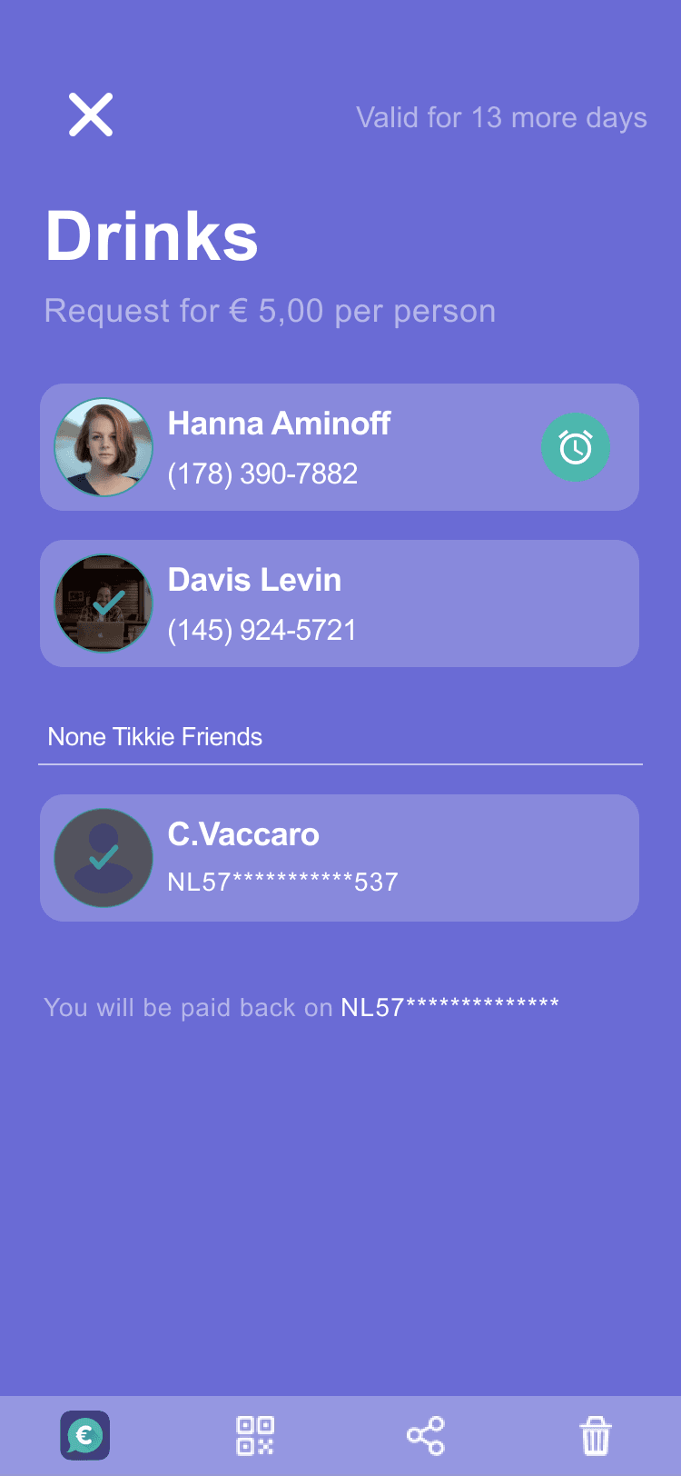 Drinks expense detail — €5.00 per person, showing Hanna Aminoff, Davis Levin statuses and payment info