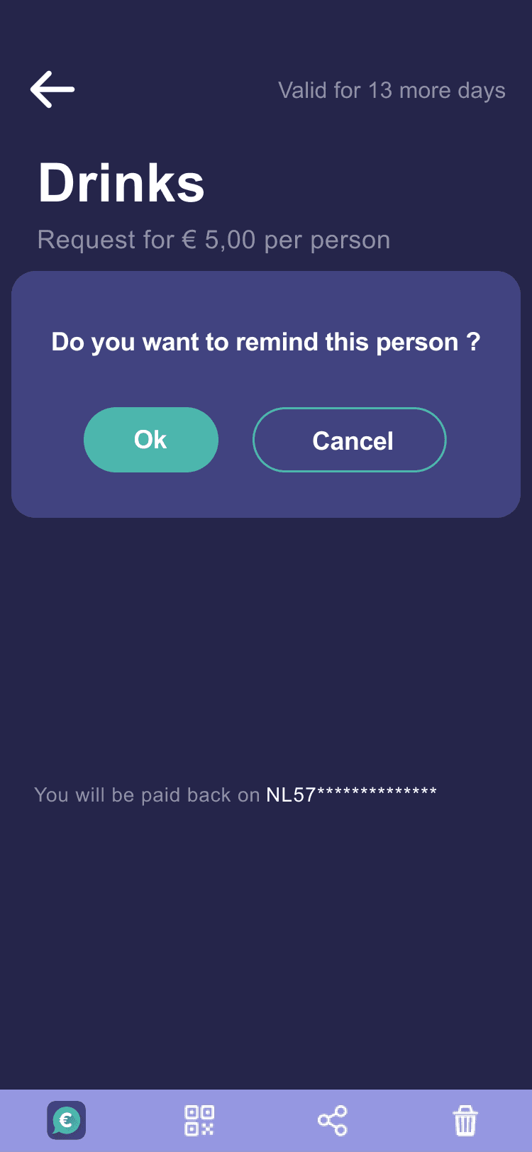 Reminder confirmation dialog — Do you want to remind this person? with Ok and Cancel buttons
