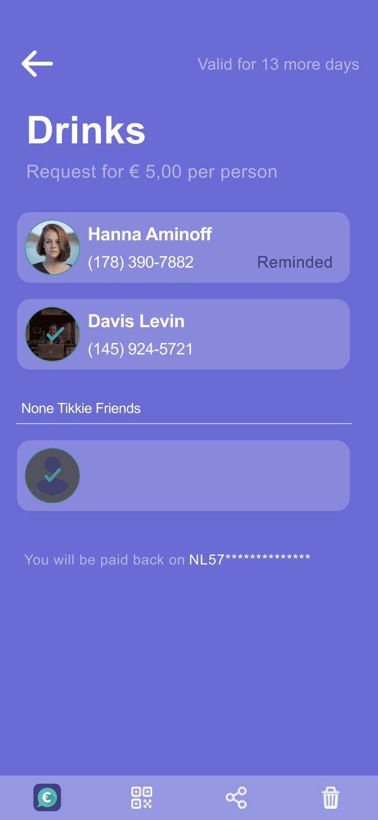 Expense detail after reminder sent — showing Reminded status next to contact name