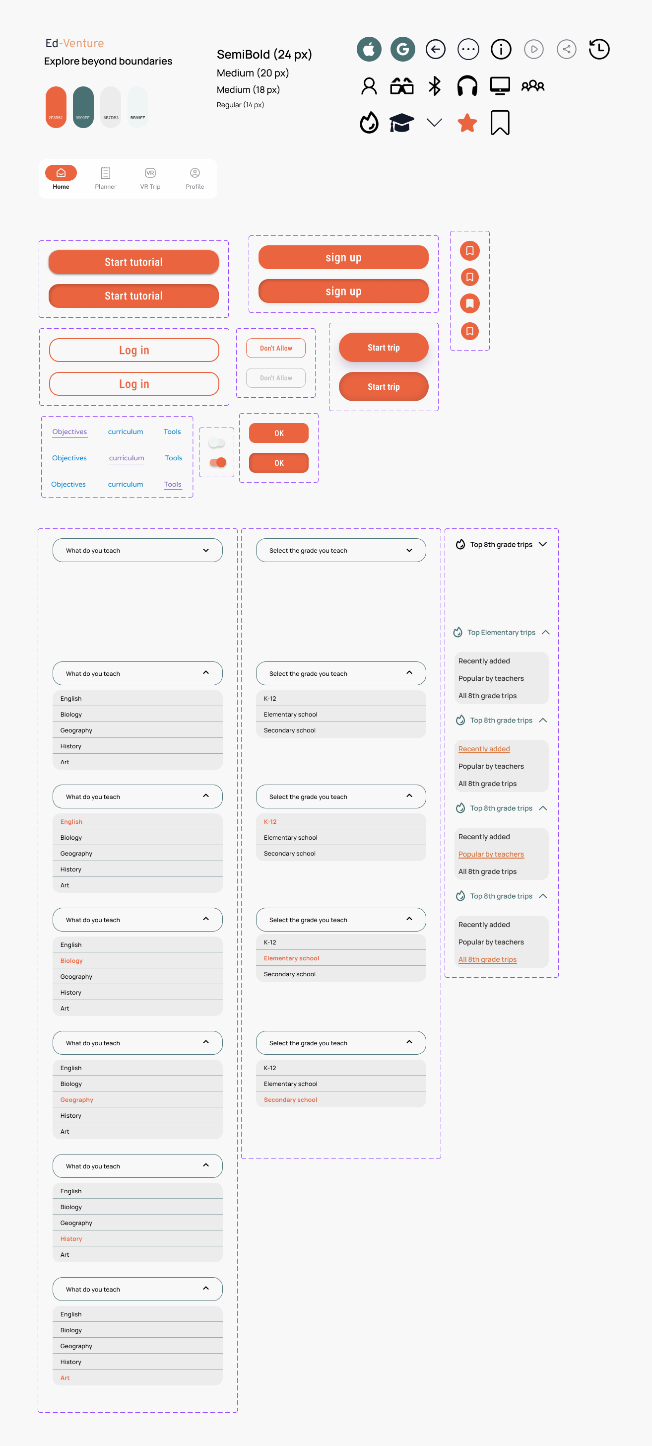 Ed-Venture style guide showing color palette, typography, icons, and UI component patterns